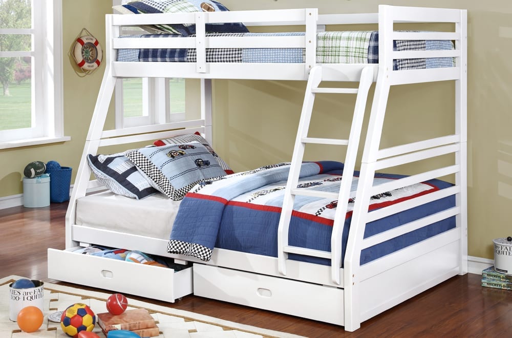 White Twin over Full Bunk Bed with Storage Drawers